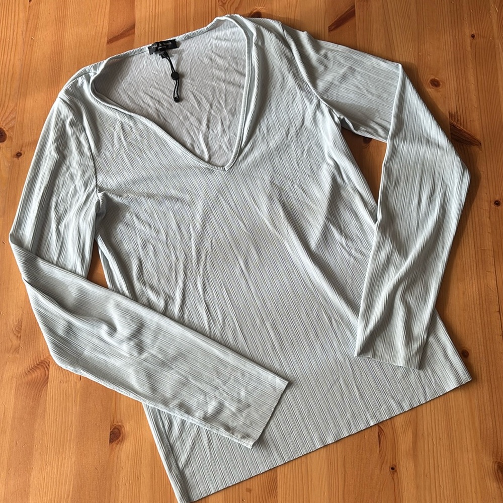 Rag & Bone Mint Green Ribbed Deep V Blouse